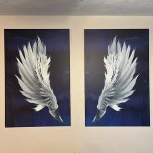 Large unframed Art. Custom designed angel wing set Blue background. Photo tiles.